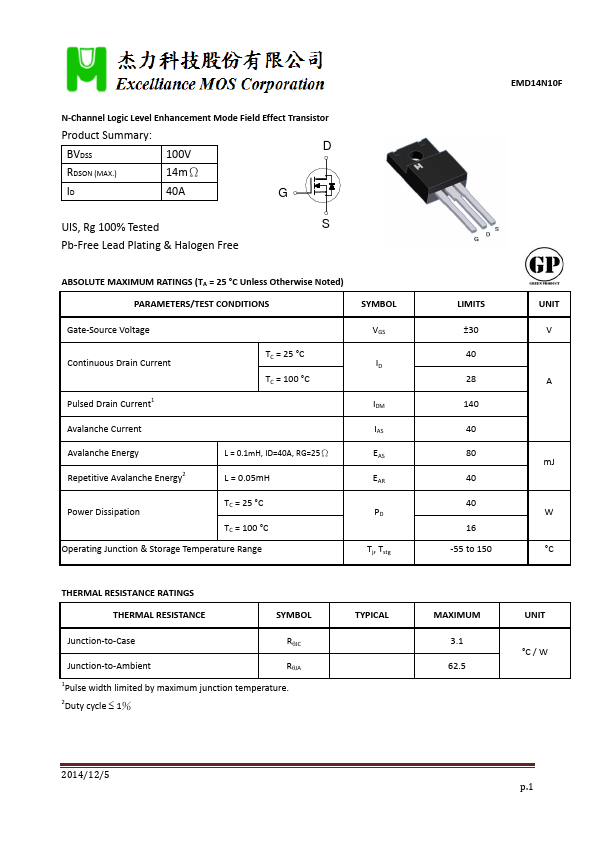 EMD14N10F Excelliance MOS