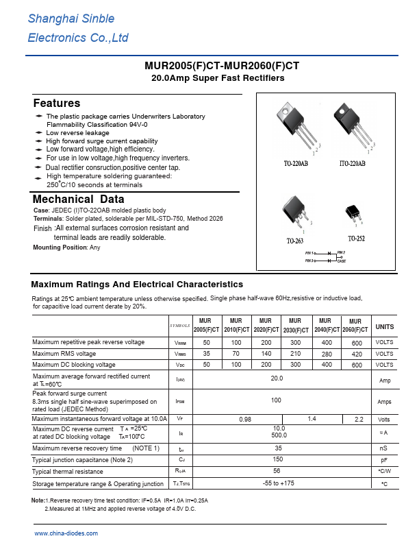 MUR2020FCT Sinble Electronics