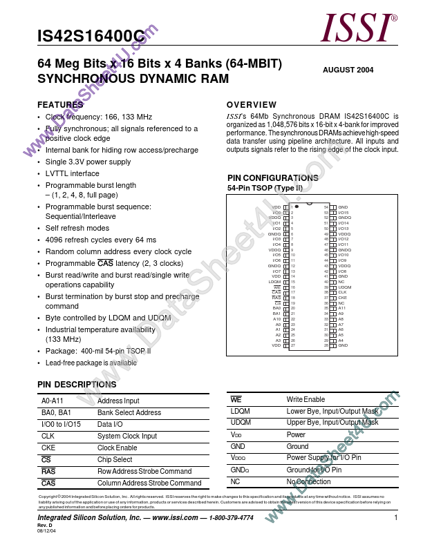 <?=IS42S16400C?> डेटा पत्रक पीडीएफ