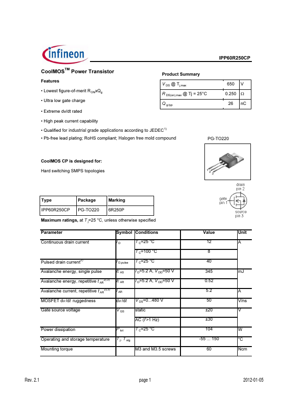 IPP60R250CP Infineon Technologies AG