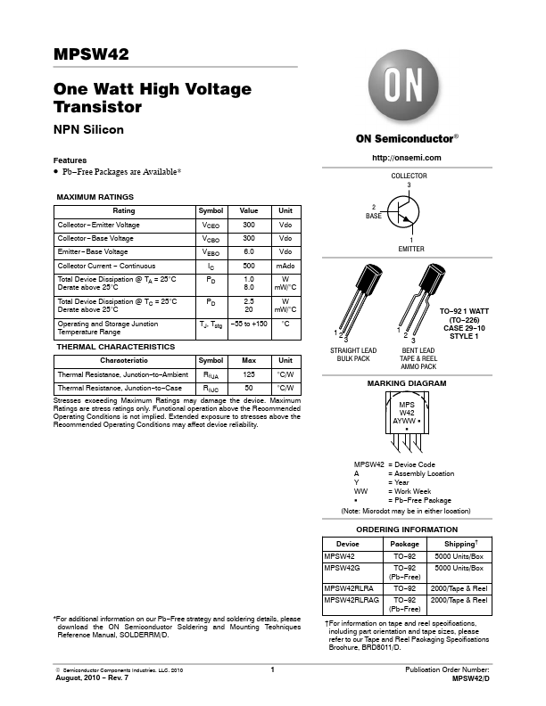 MPSW42 Transistor Datasheet pdf - Voltage Transistor. Equivalent, Catalog
