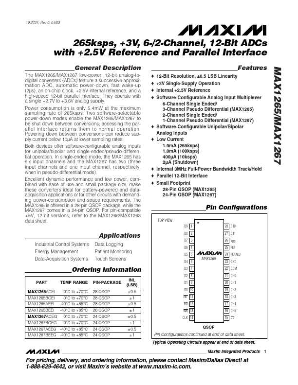 <?=MAX1265?> डेटा पत्रक पीडीएफ