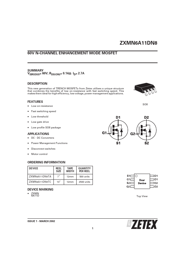ZXMN6A11DN8 Zetex Semiconductors