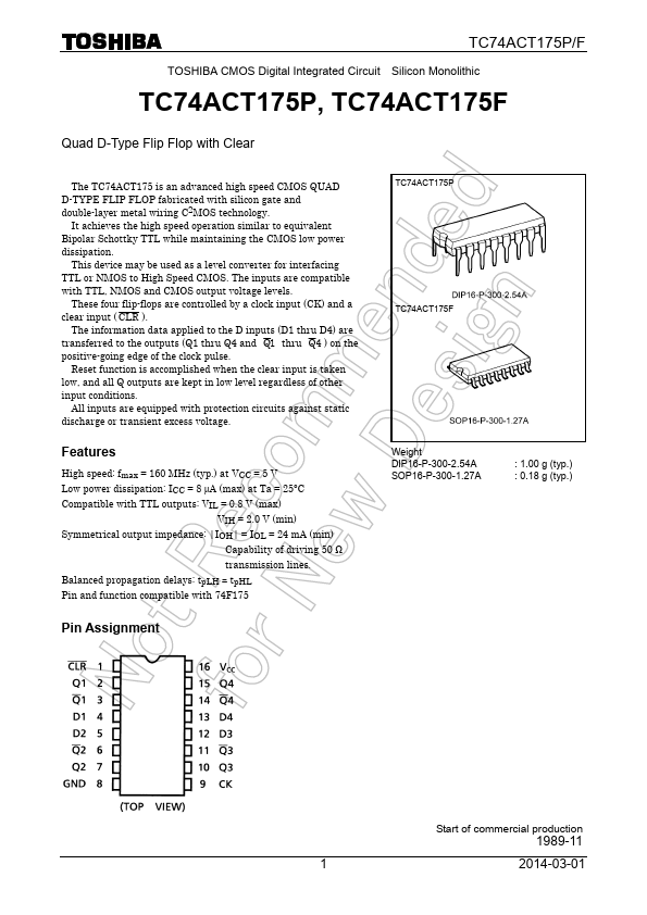 TC74ACT175P Toshiba Semiconductor