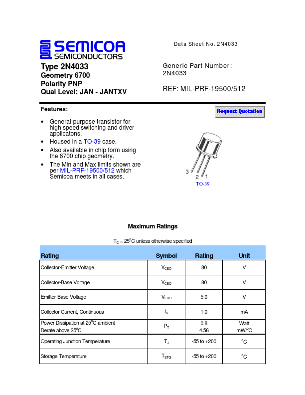 2N4033 Semicoa Semiconductor