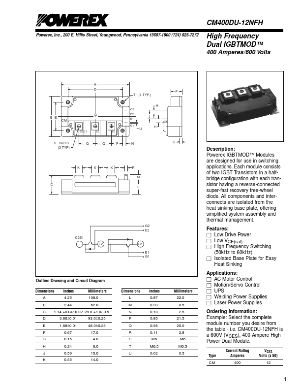 CM400DU-12NFH Powerex Power Semiconductors