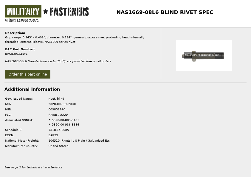 NAS1669-08L6 Military Fasteners