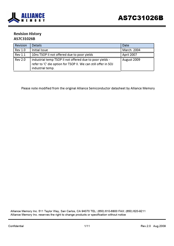 AS7C31026B Alliance Semiconductor