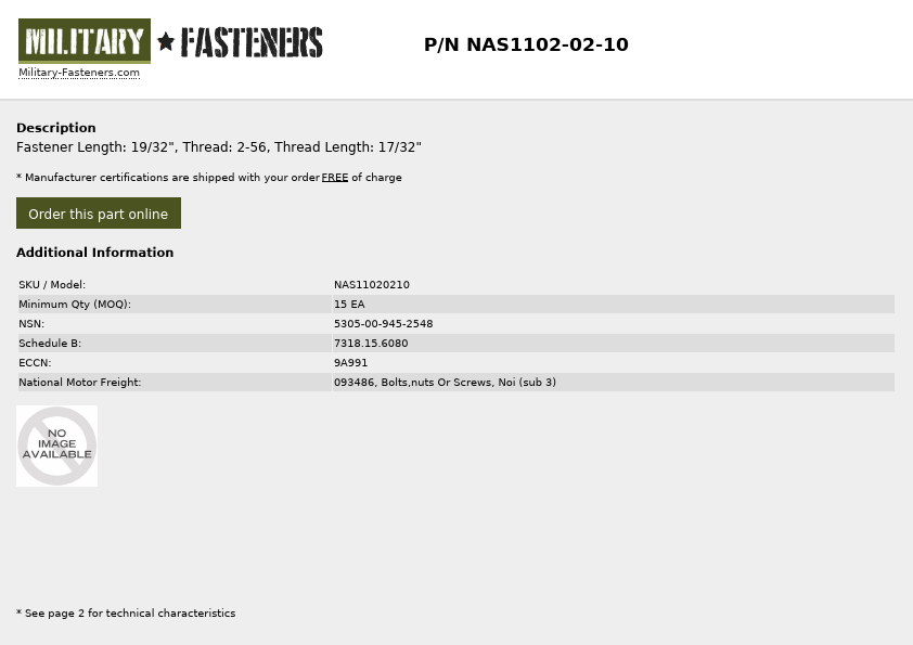 NAS1102-02-10 Military Fasteners