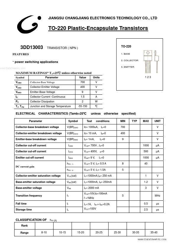 3DD13003 Jiangsu Changjiang Electronics