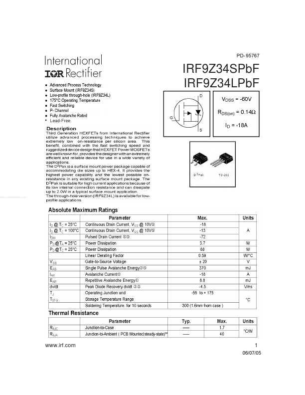 <?=IRF9Z34LPBF?> डेटा पत्रक पीडीएफ