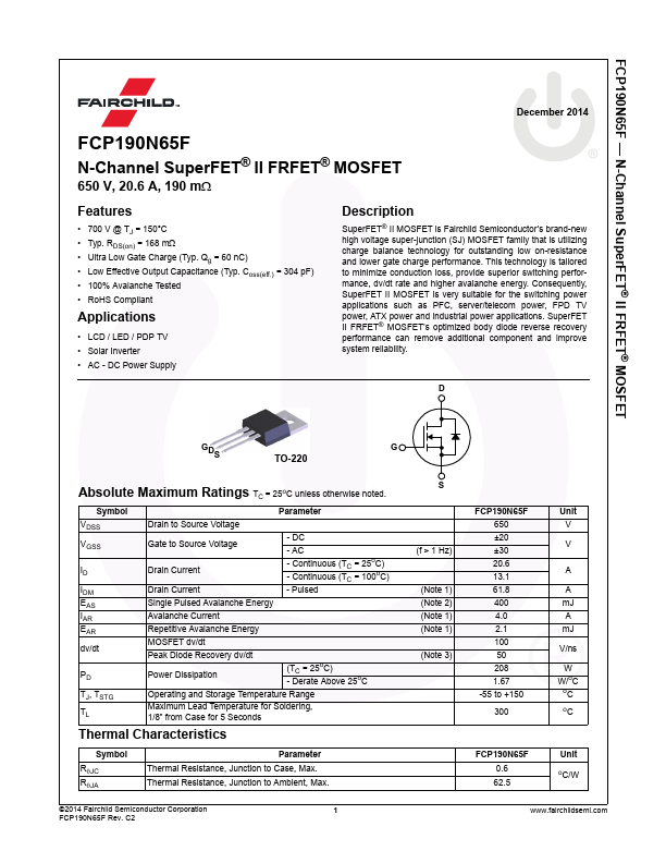 <?=FCP190N65F?> डेटा पत्रक पीडीएफ