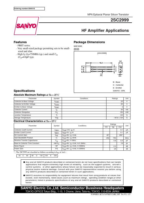 2SC2999 Sanyo Semicon Device