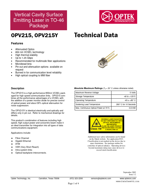 OPV215 OPTEK Technologies