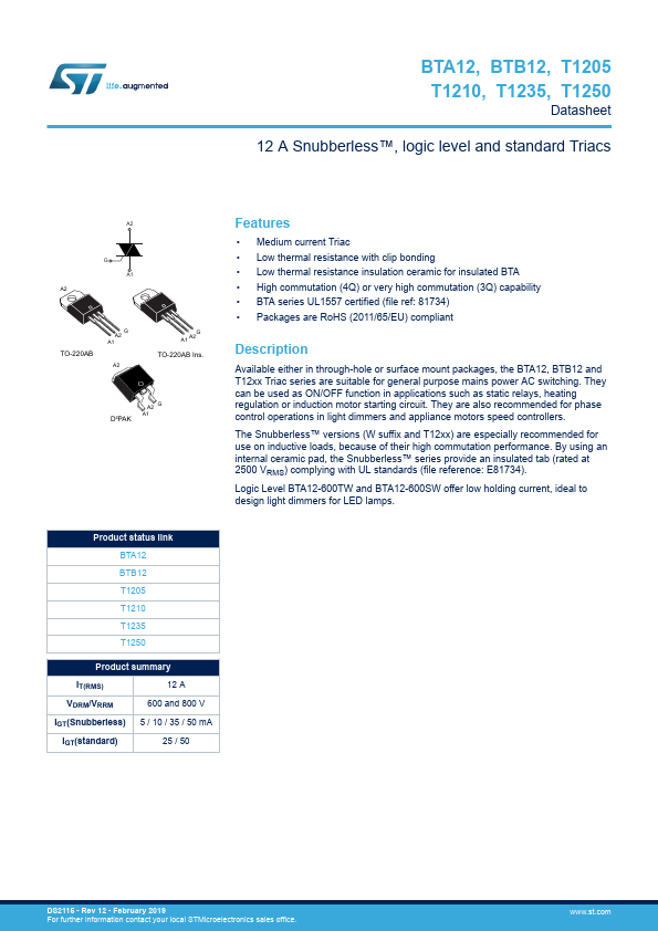 BTB12-800TW STMicroelectronics