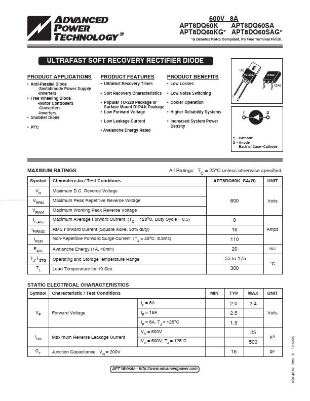 APT8DQ60SAG Advanced Power Technology