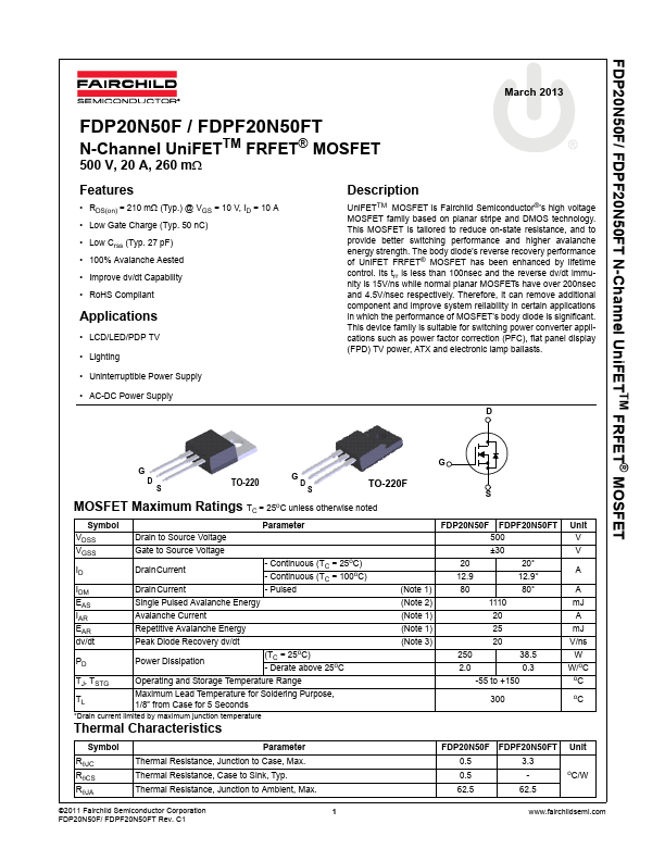 <?=FDPF20N50FT?> डेटा पत्रक पीडीएफ
