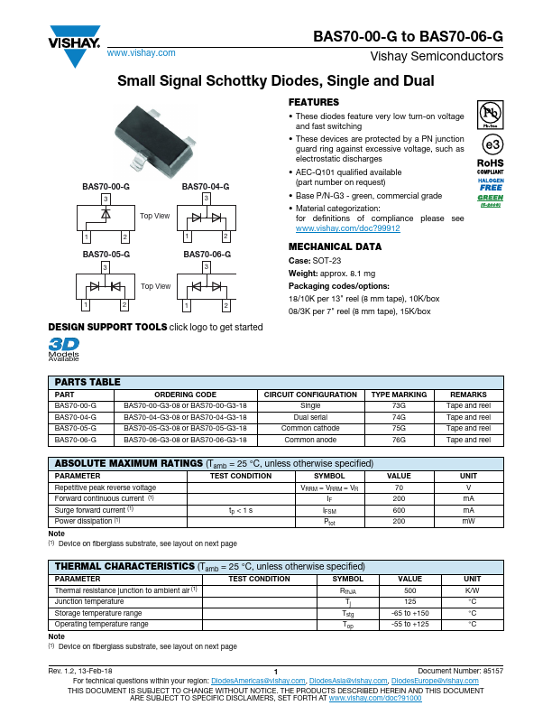 BAS70-05-G Diode Datasheet pdf - Schottky Diode. Equivalent, Catalog
