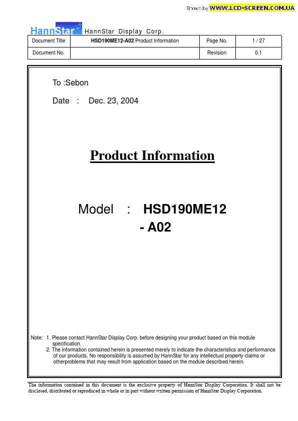 HSD190ME12-A02 HannStar