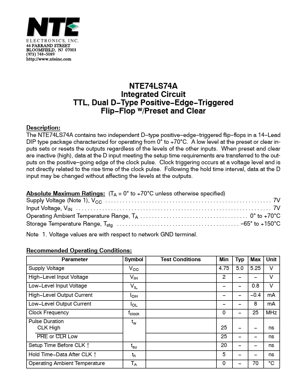 <?=NTE74LS74A?> डेटा पत्रक पीडीएफ