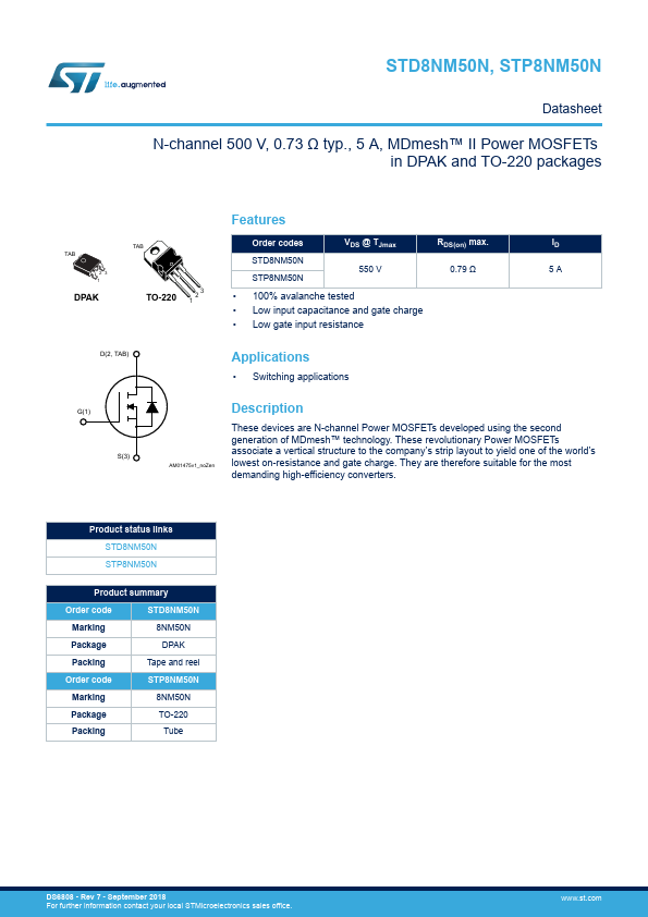 <?=STD8NM50N?> डेटा पत्रक पीडीएफ