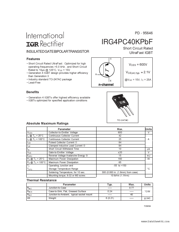 <?=IRG4PC40KPBF?> डेटा पत्रक पीडीएफ