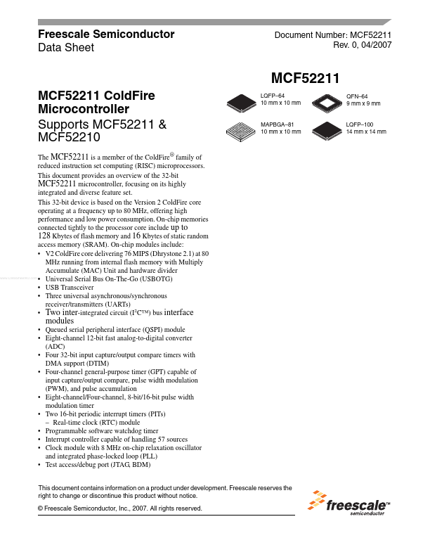 MCF52211 Freescale Semiconductor