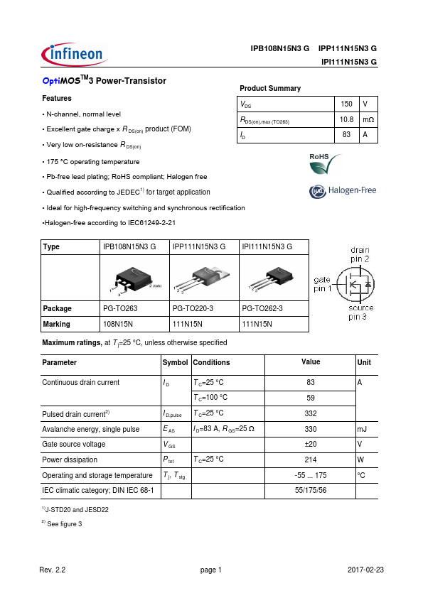 IPI111N15N3G Infineon Technologies