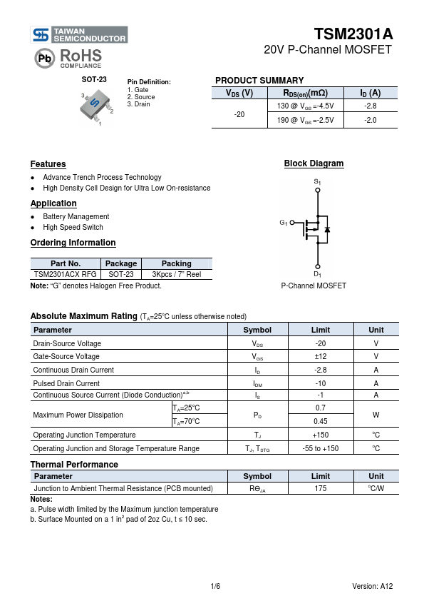 TSM2301A Taiwan Semiconductor