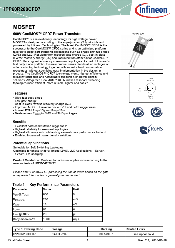 IPP60R280CFD7 Infineon