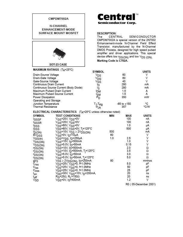 CMPDM7002A Central Semiconductor Corp