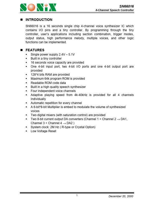 SN66016 SONiX Technology Company