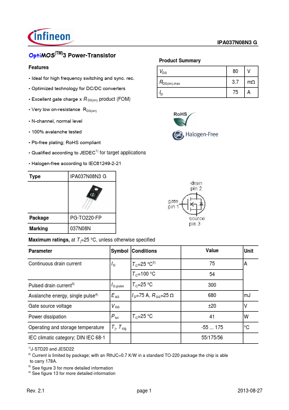 IPA037N08N3G Infineon Technologies