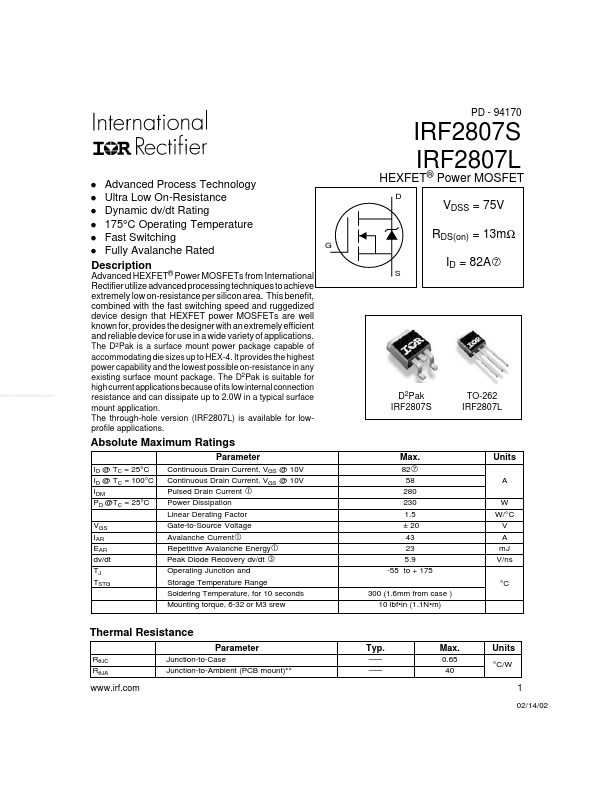 <?=IRF2807S?> डेटा पत्रक पीडीएफ