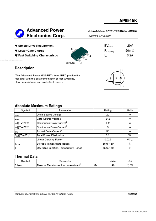 AP9915K Advanced Power Electronics