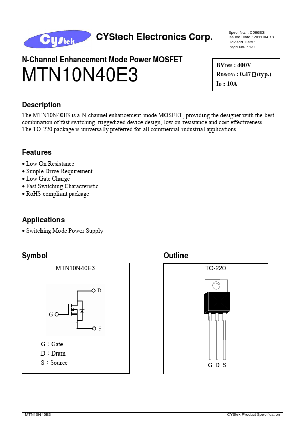 <?=MTN10N40E3?> डेटा पत्रक पीडीएफ