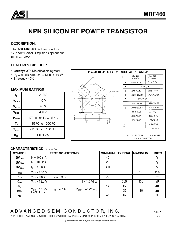 MRF460 Advanced Semiconductor