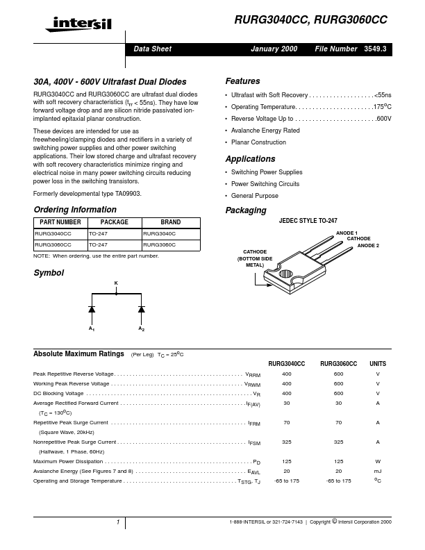 RURG3040CC Intersil Corporation