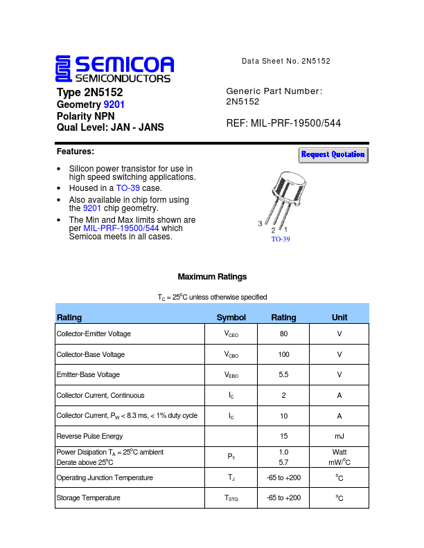 2N5152 Semicoa Semiconductor