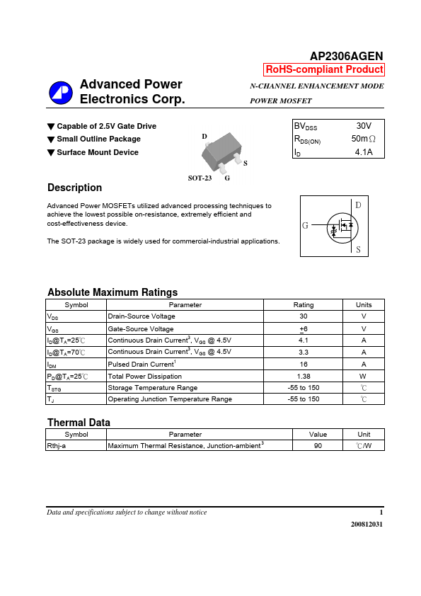 AP2306AGEN Advanced Power Electronics