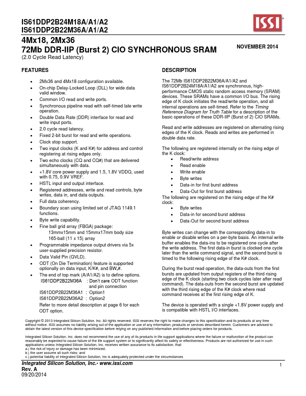 IS61DDP2B22M36A Integrated Silicon Solution