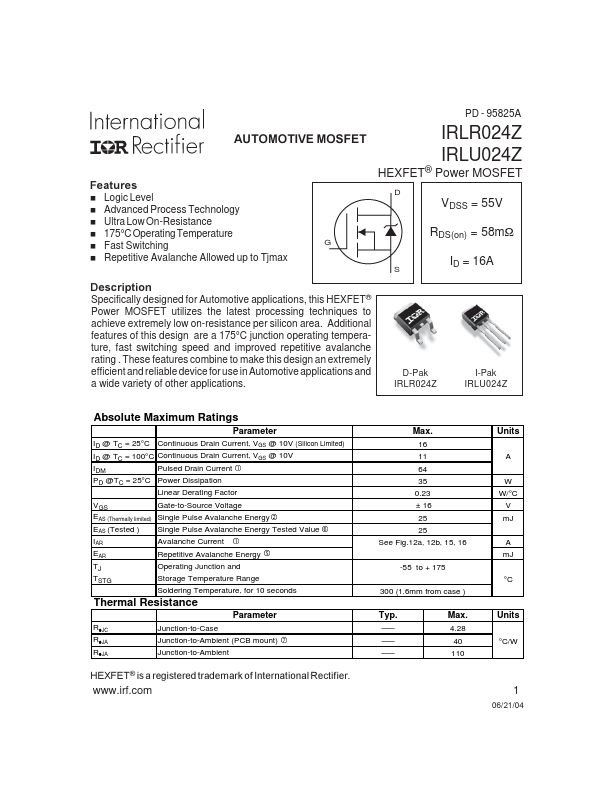 IRLU024Z International Rectifier