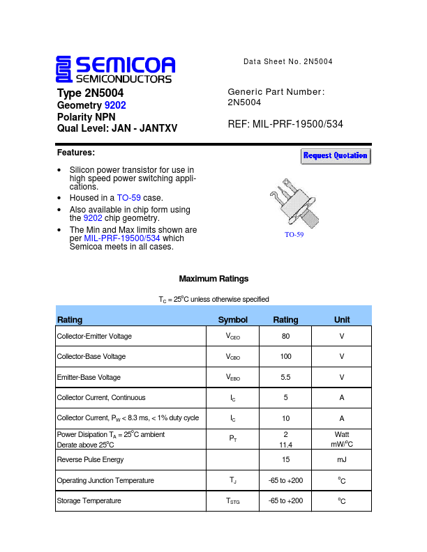 2N5004 Semicoa Semiconductor