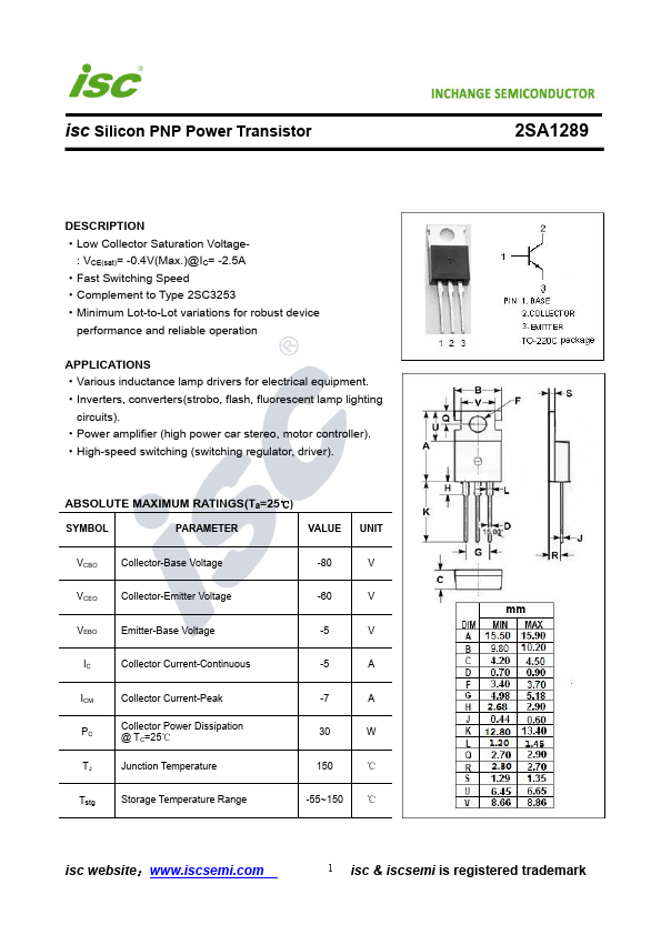 2SA1289 Inchange Semiconductor