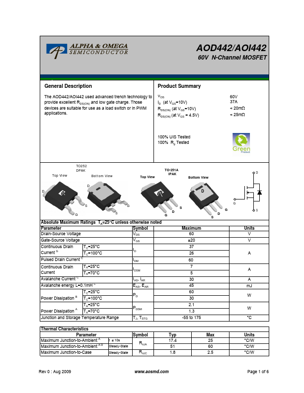 AOD442 Alpha & Omega Semiconductors