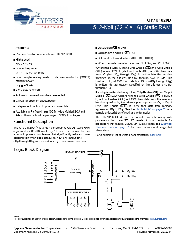 CY7C1020D Cypress Semiconductor