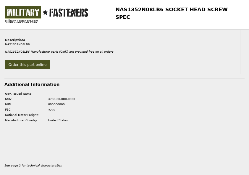 NAS1352N08LB6 Military-Fasteners