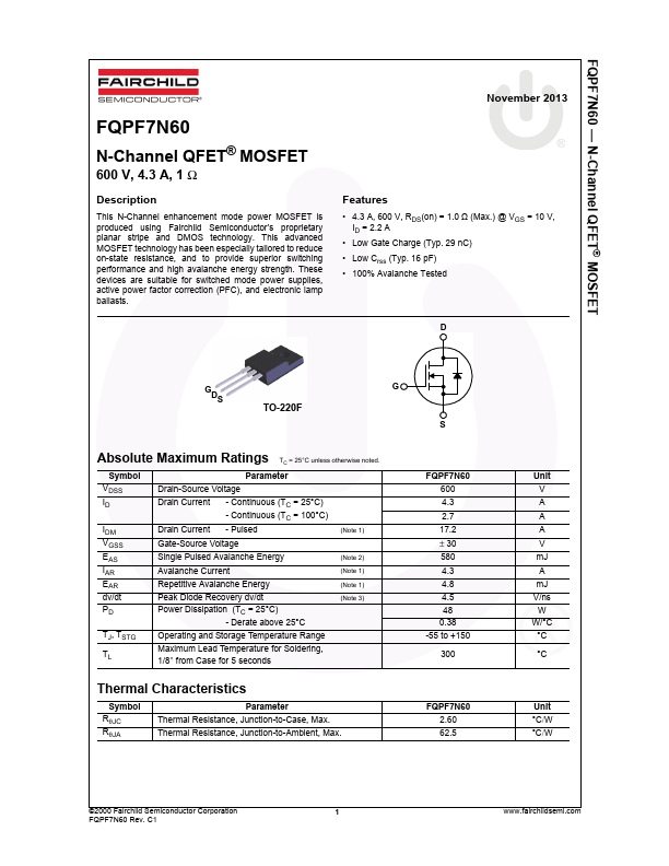 FQPF7N60 Fairchild Semiconductor