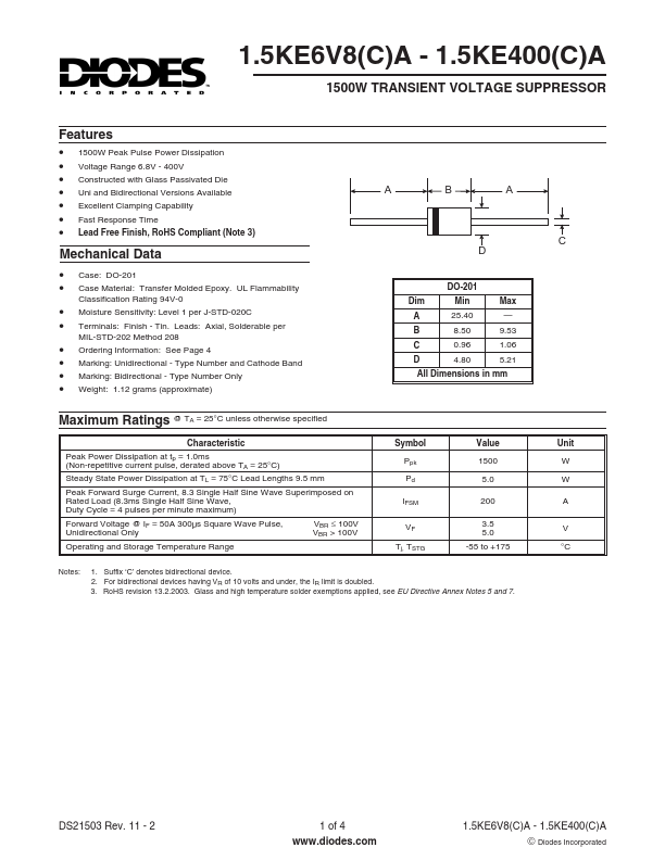 <?=1.5KE6V8CA?> डेटा पत्रक पीडीएफ