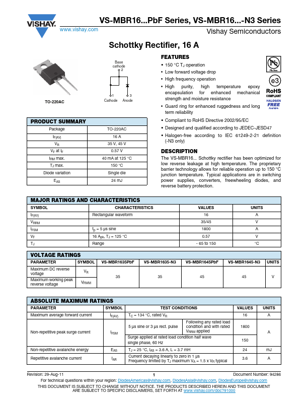 VS-MBR1635-N3 Vishay